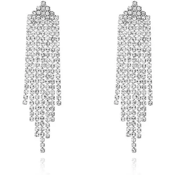 Rhinestone Earrings Dangling for Women Sparkly Silver Dangle Earrings Girls Long Chandelier Earrings Tassel Lightweight Ear Studs Cubic Zirconia Crystal Statement