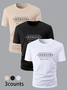 Men's Fashion Versatile Multi-Color Short Sleeve Fitted T-Shirt Set, 3-Piece Casual Stylish Round Neck Crewneck, Graphic Text Elements, Perfect for Daily Wear