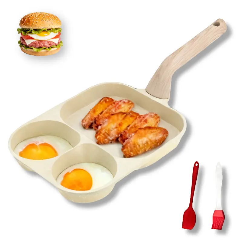 Round Eco-Friendly 3-Hole Non-Stick Granite Cookware - Oil-Saving 3-in-1 Divided Grill Skillet Omelette Pan with Handle, Induction Compatible, Includes Brush & Spatula (Ideal for Eggs, Pancakes)