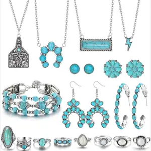 Boho Style Turquoise Decorated Jewelry Set, Necklace & Bracelet & Earrings & Rings, Fashion Jewelry for Party, Daily Decor, Trendy All-match & Exquisite Jewelry for Birthday Gift
