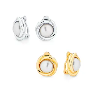 Classic Faux White Pearl Clip On Earrings Cable Bezel Set Non Pierced Ears Yellow Gold (Set of 2)