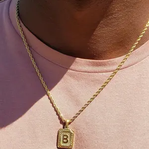 Men's Initial Letter Square Pendant Necklace Stainless Steel Golden Rope Chain A-Z Lettert Jewelry