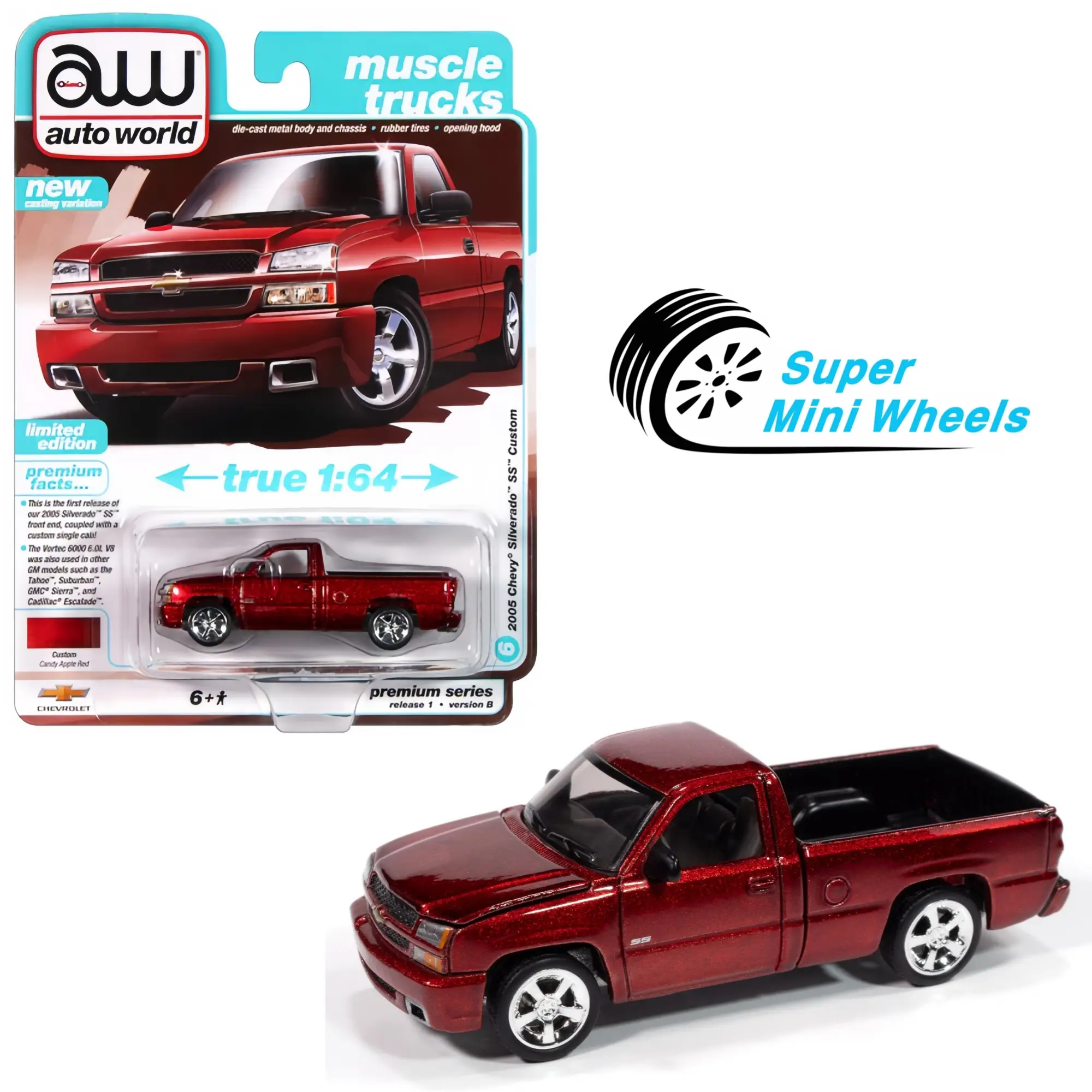 Auto World 1:64 2005 Chevy Silverado SS Custom Single Cab (Candy Apple Red)