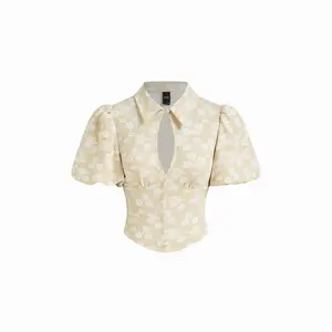 Cider Jacquard Collar Floral Cut Out Puff Sleeve Blouse