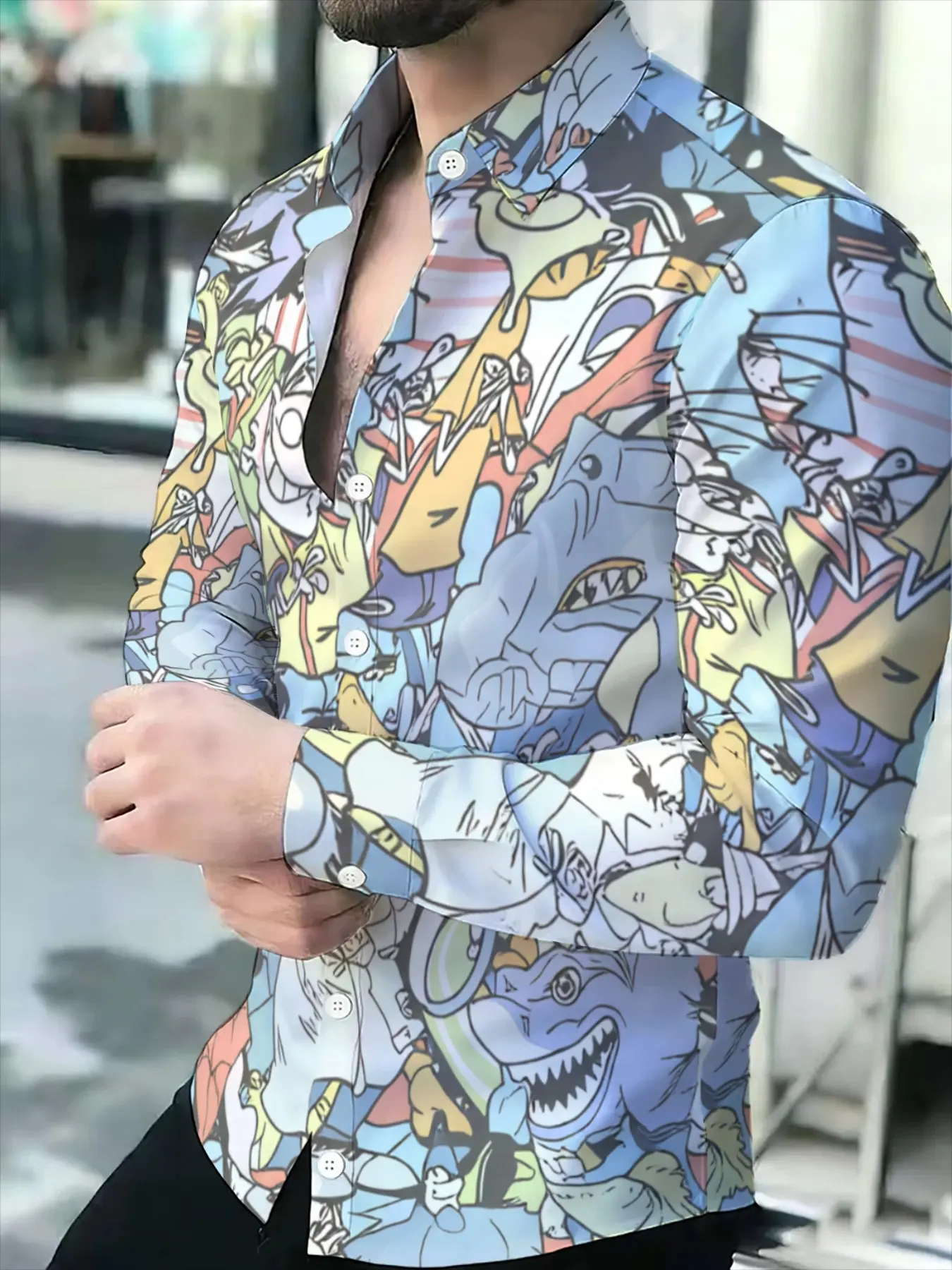 Men's Long Sleeve Shirt with Shark Graffiti Print Novelty Pattern