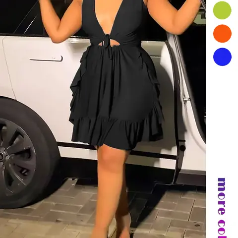 Women's Plain Cut-Out Ruffle Hem Tie Front Tank Dress, Elegant Deep V-Neck Sleeveless A-Line Short Dress for Party Holiday Wedding Guest, Formal Dresses for Women, Ladies Clothes for All Seasons, Wedding Attire