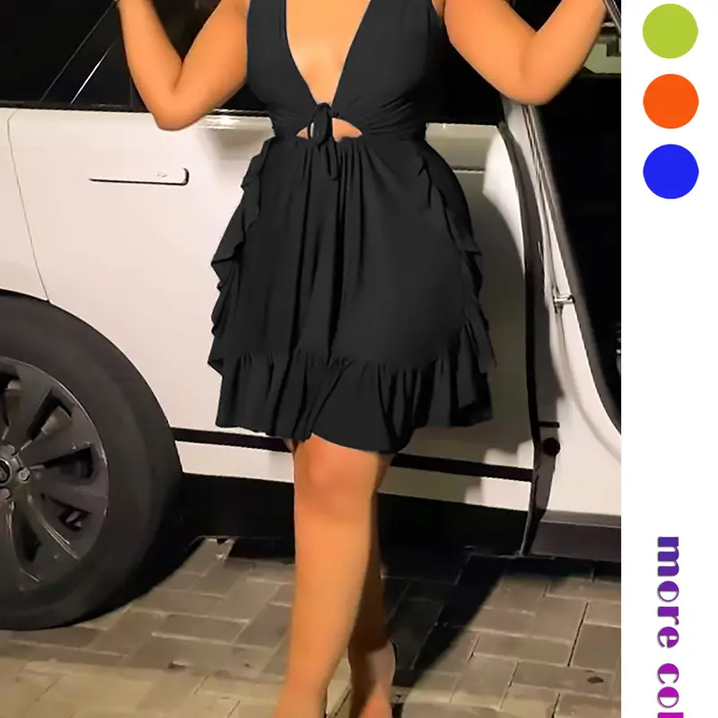 Women's Plain Cut-Out Ruffle Hem Tie Front Tank Dress, Elegant Deep V-Neck Sleeveless A-Line Short Dress for Party Holiday Wedding Guest, Formal Dresses for Women, Ladies Clothes for All Seasons, Wedding Attire