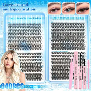 Cluster Lashes Kit 640PCS, 30D/40D/50D D Curl Individual Lash Extensions, 8-16mm Wispy False Eyelashes with  Tweezers, Ultra-Soft Lightweight Lash Book Kit