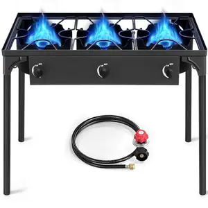 3-Burner High Pressure Propane Camp Stove, 225,000 BTU Outdoor Gas Cooker with CSA Regulator & 0-20 PSI Adjustment, Portable Cast Iron Burner with Removable Legs for Backyard, Camping & Brewing