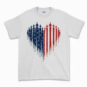 [MADE IN US] Patriotic Fighter Jet Heart T-Shirt – White Graphic Tee with American Flag Jets & Dripping Stars Design, Perfect for Air Force, Veterans, Pilots & 4th of July