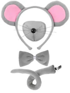 Mouse Costume Set 4 PCS Mouse Ears Headband, Nose, Bow Tie & Tail Kit Grey Animal Accessories for Kids & Adults Halloween Party Cosplay