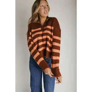 The Samoza Striped Collared Sweater in Brick + Terracotta