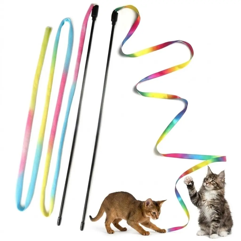 Universal Rainbow Spectrum Cat Charmer Teaser String Toy for Indoor Cats - High-Elastic Wand, Soft Satin Skin-Friendly Fabric - Gentle Safe Kitten Interactive Exercise Gift to Beat Boredom