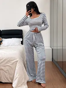 Women's Autumn Winter Pajama Set, U Neck Design, Striped Print Casual Simple Style, Soft Skin-Friendly Fabric, Indoor Outdoor Wear