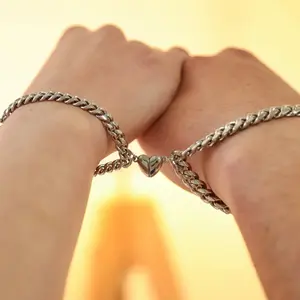 Stainless Steel Unisex Cuban Chain Bracelets for Men and Women Magnetic Heart Charm Unisex Heart Bracelet Set