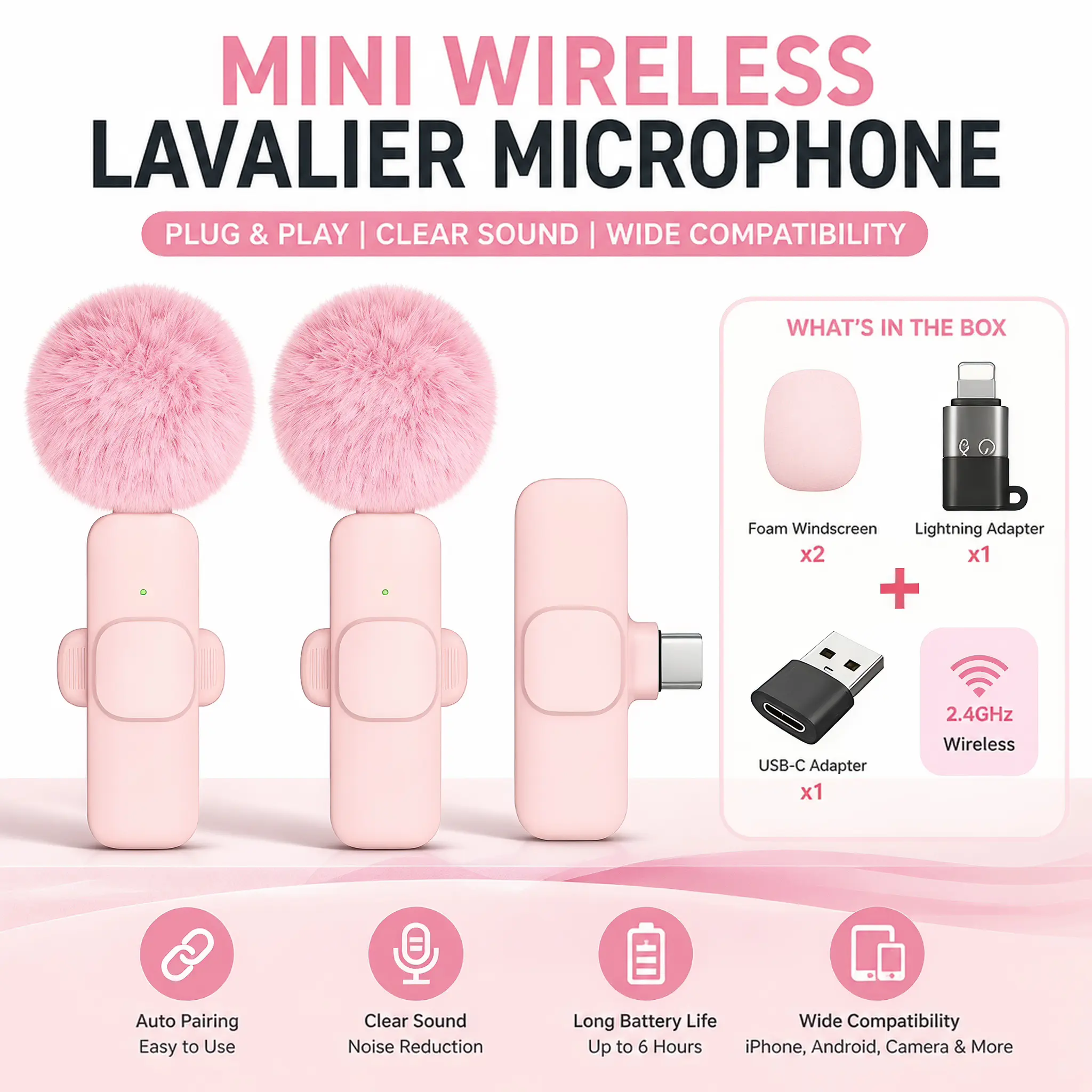 Pink Wireless Mini Clip-On Microphone Set (2-Pack) — Lightning Interface, Noise Reduction Audio, Hands-Free Recording, Compatible with iPhone, Android phones, and PCs, suitable for vlogging equipment and live streaming devices