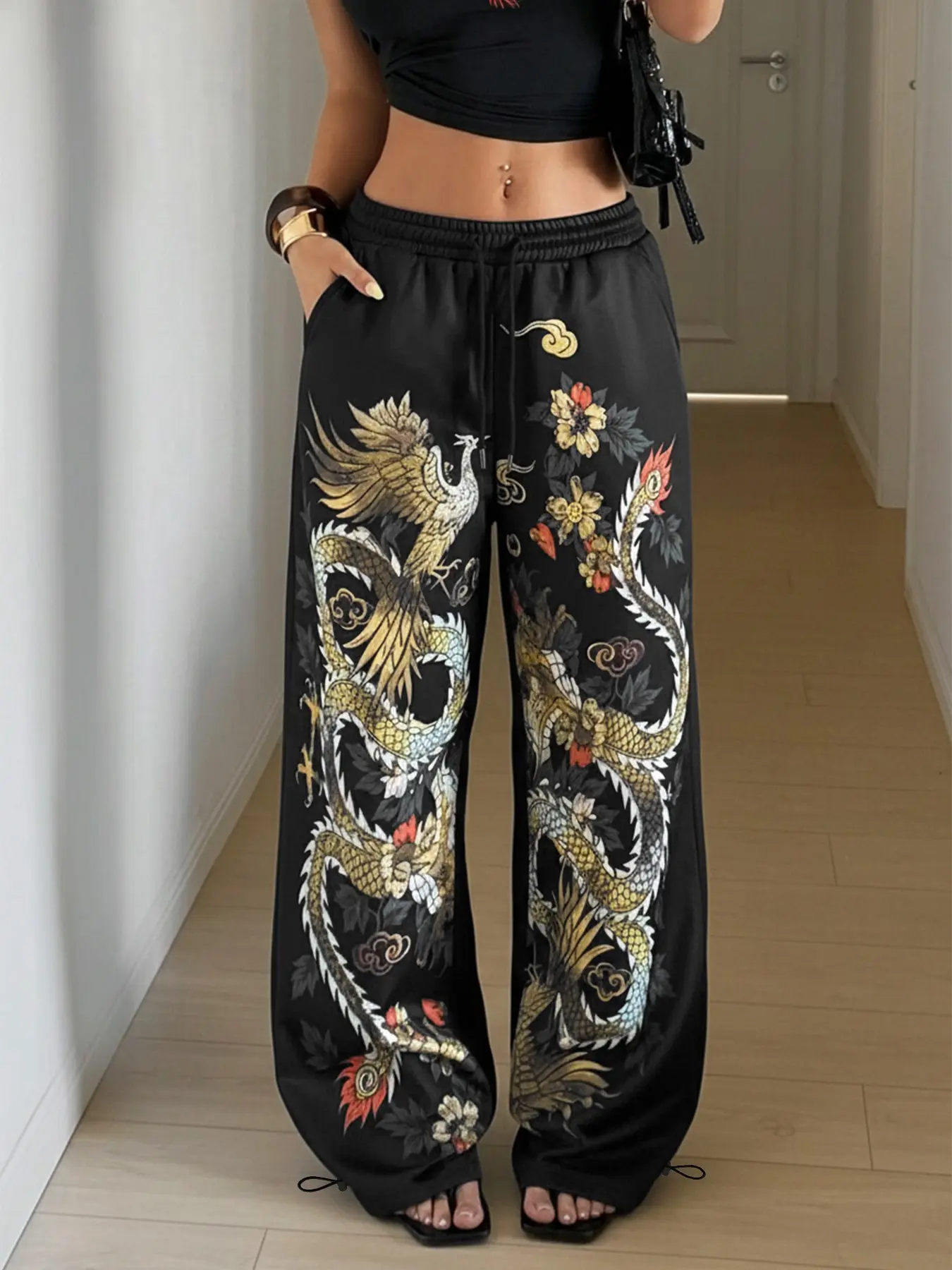 Women's Casual Elastic Waisted Everyday Loose Fit Long Pants, Chinese Dragon Print, Traditional, Soft Drawstring Elastic Waist, Fitness & Daily Wear, New Year Fashion