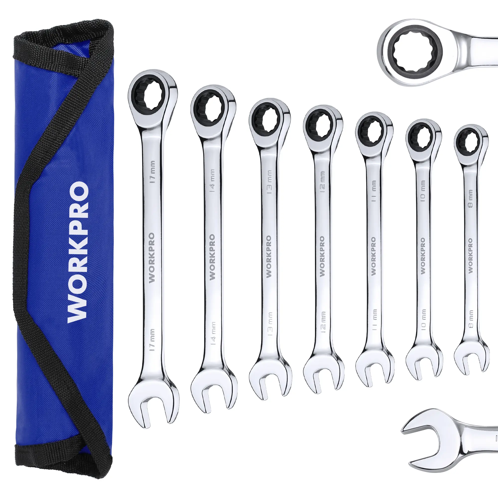 #Summersales WORKPRO 7-Count Ratcheting Combination Wrench Set, 72 Teeth, Cr-V Constructed, Combo Ratchet Wrenches Set with Roll Up Pouch, Metric/SAE