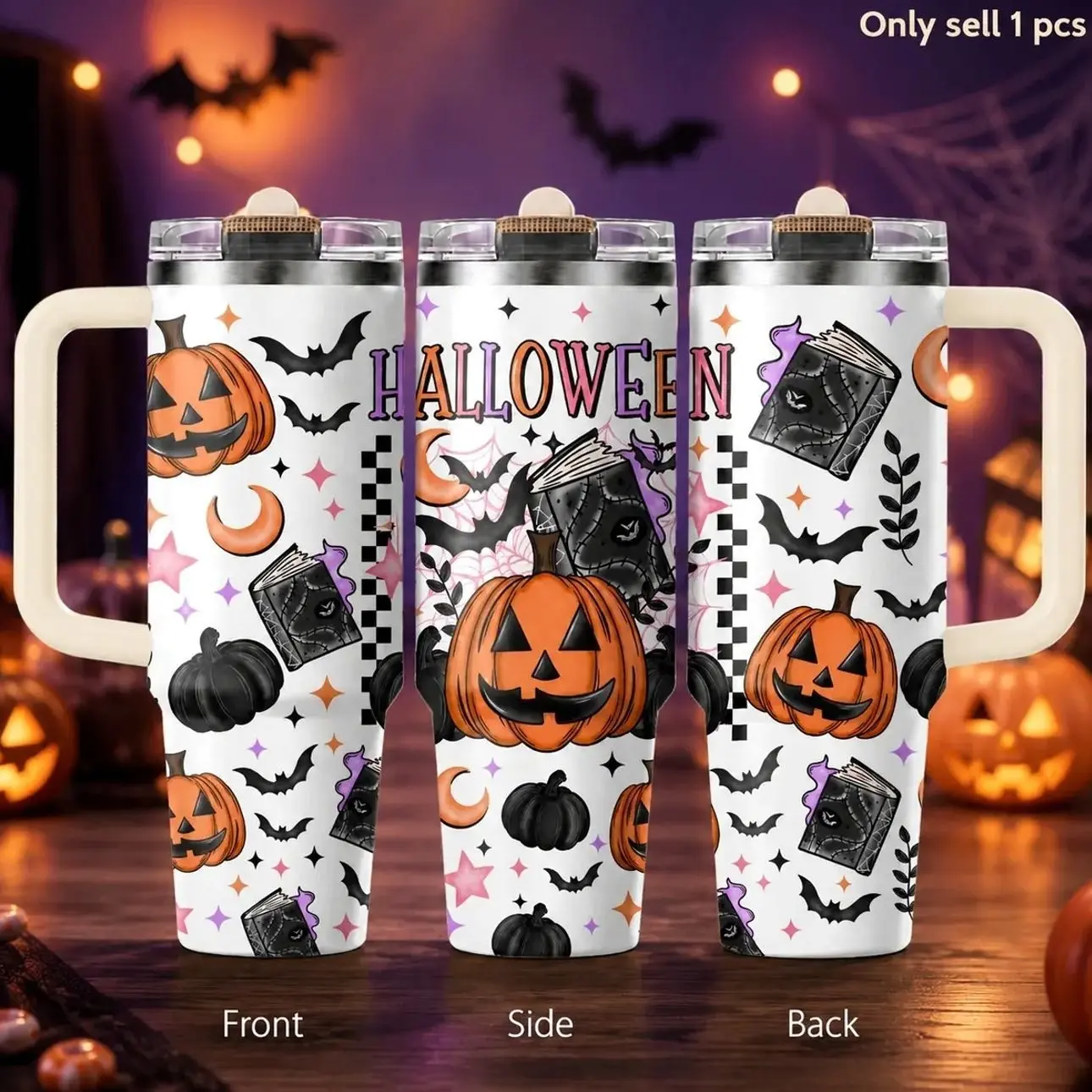 Halloween Pumpkin 40oz Tumbler – Spooky Fall Stainless Steel Insulated Travel Mug with Handle & Straw Lid for Coffee, Water, Pumpkin Season, Party, Office, Car, Halloween Gift