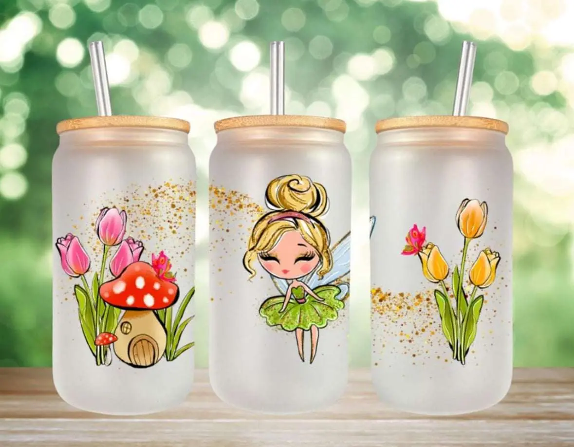 Pixie Sparkle 16oz Can Glass – Whimsical Fairy Drinkware with Bamboo Lid & Straw | Magical Aesthetic Cup