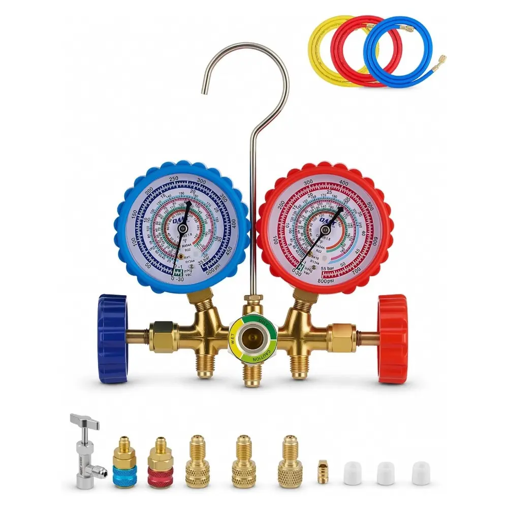 【SpotlightDay】Orion Motor Tech AC Gauge Set, 3-Way AC Manifold Gauge Set for R134a R410A R404A R22 Refrigerant with 5ft Hoses, Automotive A/C Gauge with R134a Couplers Self-Sealing Can Tap R410A Adapter 29° Adapter