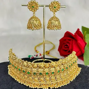Royal Touch Beautiful Gold A Like Necklace with Jhumki Earrings Elegant Design Gemstones Included