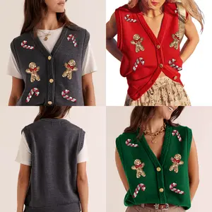 Women's Christmas Knit Vest Gingerbread Candy Cane Christmas Sleeveless Caidigan Sequin Embroidery Button Tank Tops Sweater Vest Trendy Streetwear