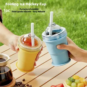 1pc Summer Cold Drink Portable Foldable Ice Ball Cup, Food-Grade Silicone Ice Making Cup, DIY Ice Cube Mold, Straw Water Bottle, With Straw. Ideal for Office, Home, Parties, Outings, Beach, BBQ and Outdoor Use