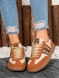 Women's Orange - Brown Suede and Canvas Sneakers, Leopard Print Accents, Lace - Up Design, Comfortable Casual Walking Shoes, Versatile All - Match Fashion Trainers, Trendy Street - Style Footwear