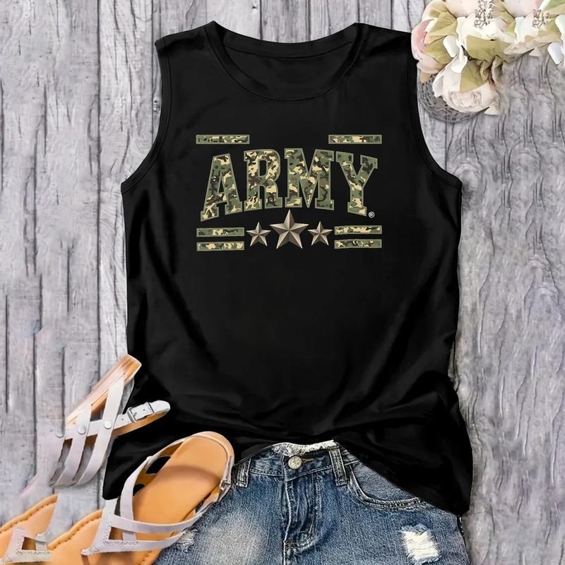 Plus Size Women'S Casual Crew Neck Tank Top with Army Camo Star Patch Print, Sleeveless Knit Fabric Vest, Medium Stretch, Casual Summer & Spring Clothing