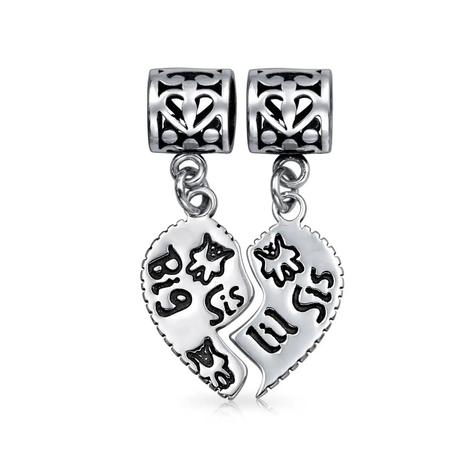 Sterling Silver BFF Big Sis Little Sis Puzzle 2 Piece Split Heart Sisters Bead Charm for Bracelet