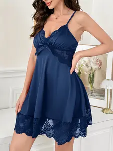 AgeRose Satin Lace Babydoll Lingerie Dress Crisscross Back Spaghetti Strap Nightdress with Bow & Floral Lace Trim Sexy Sleepwear for Women Navy Blue