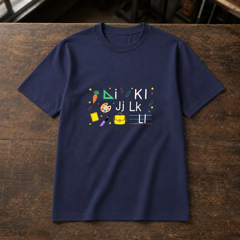 XTAUTO Unisex Classic Fit 220g T-Shirt, Casual Style, Colorful Alphabet & Supply Pattern, Summer Daily-Outdoor Wear, Student Gift