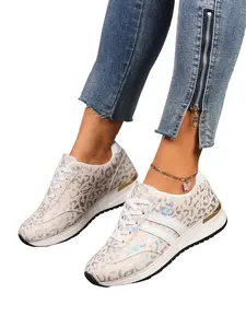 Trendy Leopard Platform Sneakers, Women's Y2K Style Iridescent Lace-up Shoes, Chunky Sole Fashion Sneakers for Streetwear