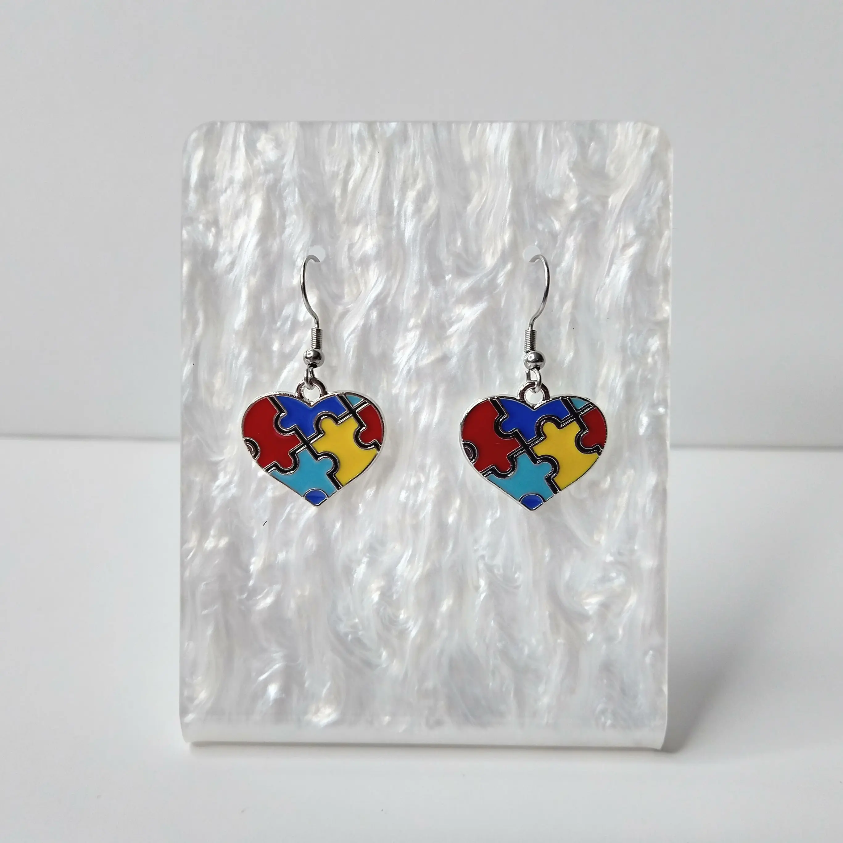 #383 Multi-Colored Heart Shaped Autism Puzzle Pieces Earrings, Casual, Autism Acceptance, Alloy, Stainless Steel Hooks