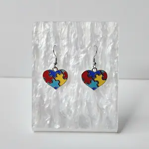 #383 Multi-Colored Heart Shaped Autism Puzzle Pieces Earrings, Casual, Autism Acceptance, Alloy, Stainless Steel Hooks