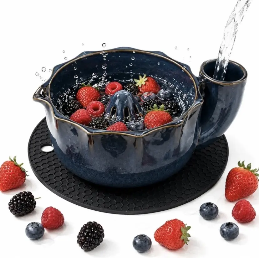 Ceramic Self-Spinning Kitchen Berry Bowl - Lightweight Vortex Swirl Fruit Washer with Drain Holes, Handmade Lotus Leaf Colander for Berries, Grapes, Cherry Tomatoes