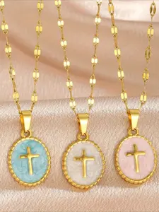 1pcs Oil Drop Round Cross Stainless Steel Necklace Women's Jewelry, Valentine's Day or Halloween Gift for Family, Jewelry Accessories