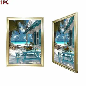 1pc Framed Gold Frame Framed Canvas Art Print Tropical Beach Scene With Blue Cabana And Palm Trees For Living Room Bedroom And Kitchen Decor 3D Illusion Effect