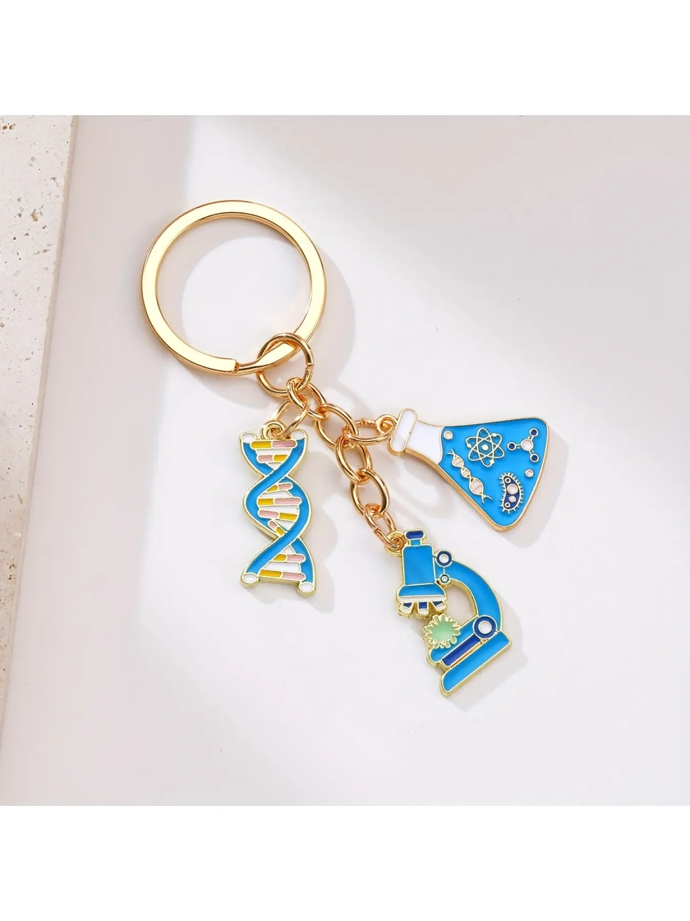 1pc Ladies Key Ring with DNA, Microscope, and Beaker Pendants - Perfect for Science Enthusiasts, Blue Accessories