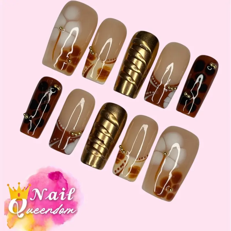 Nail Queendom [BRONZED BREEZE] Handcrafted 3D Press-On Nails Reusables Long Lasting Salon Quality Easy Application 10 Pieces Set Eco-Friendly 3D-gel Finish