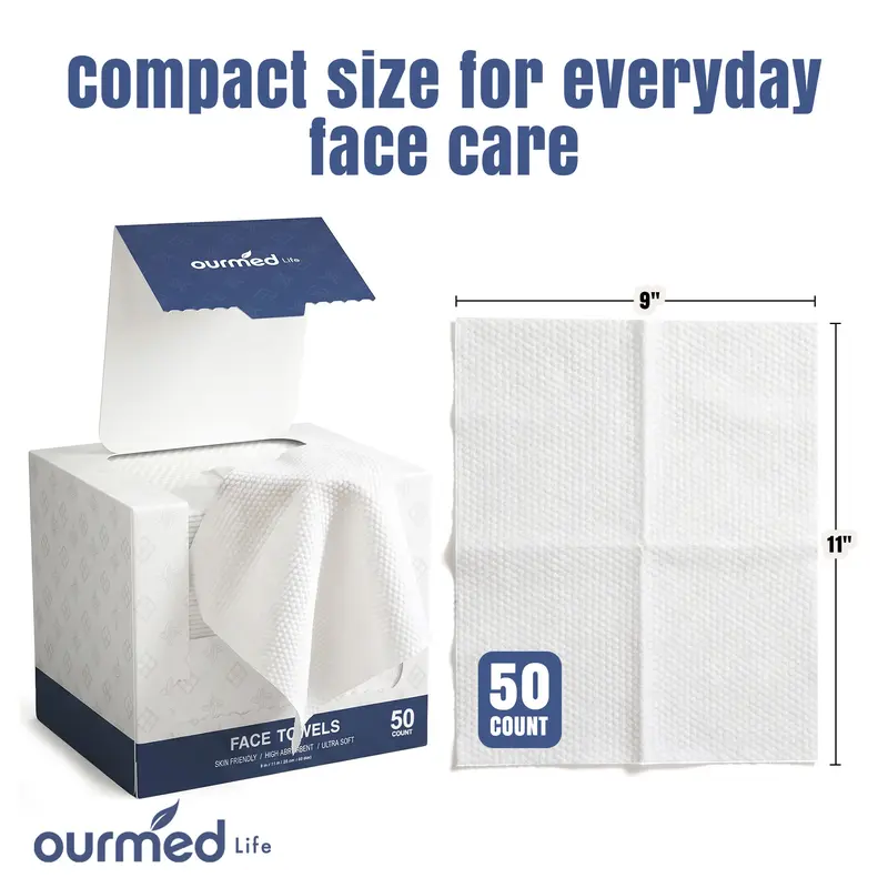 Ourmed Life Super Soft Disposable Face Towels Flip-Top Lid 11"X9" Thick Lint Free Plant Based Double Texture Tear Resistant Skin Friendly Smooth Biodegradable Wet & Dry Use For Sensitive Skin Cleansing Makeup Removal 50/100 Count