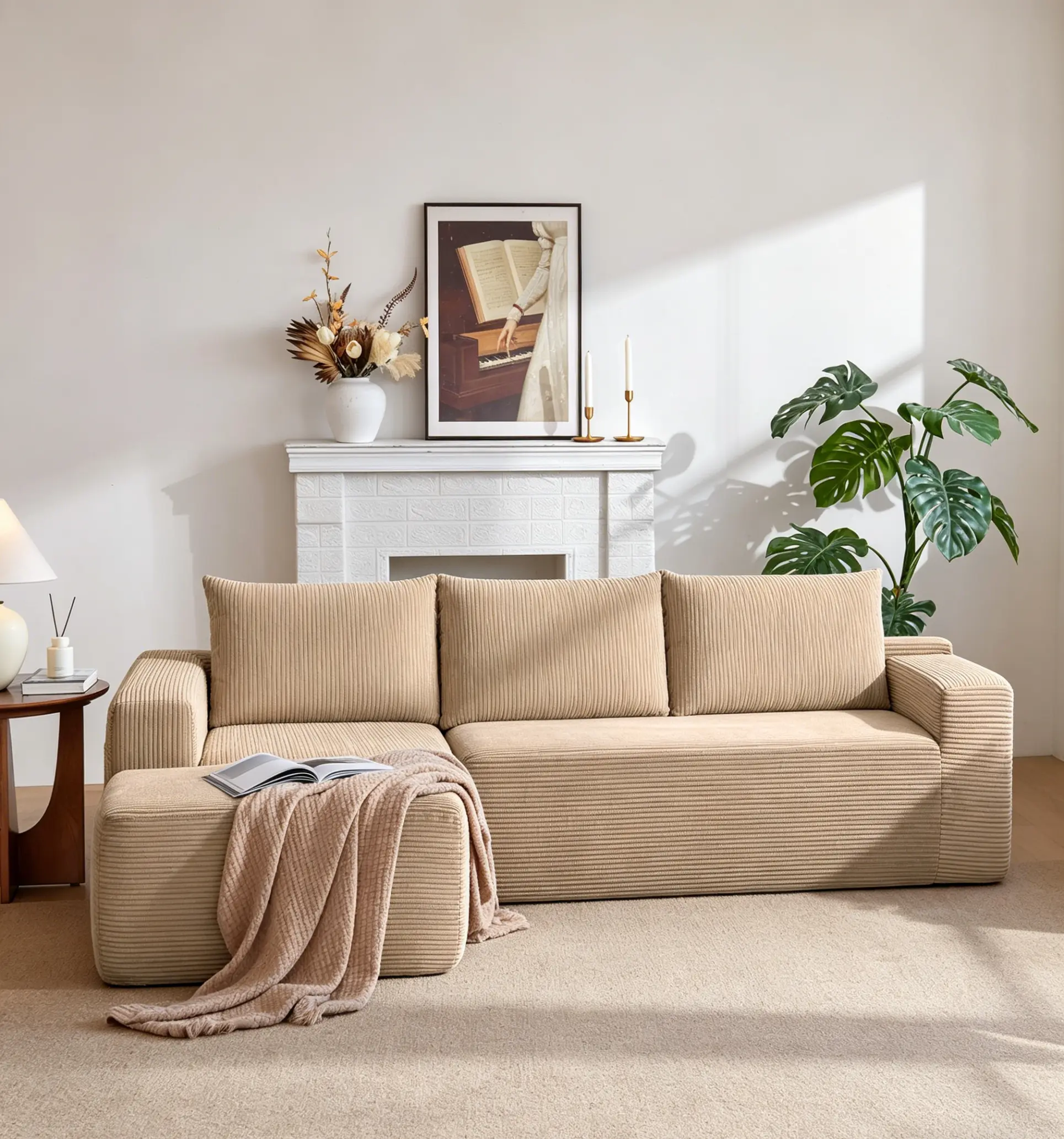 Modern Armless L-Shaped Cloud Sectional Sofa - Corduroy Upholstered Boneless Couch, No-Assembly Recliner, Ergonomic Modular Storage, Premium Spring-Foam Hybrid Filling, Oversized Plush Rivet Chaise Lounge for Living Room (Modern Upholstered Sofas), Cordur