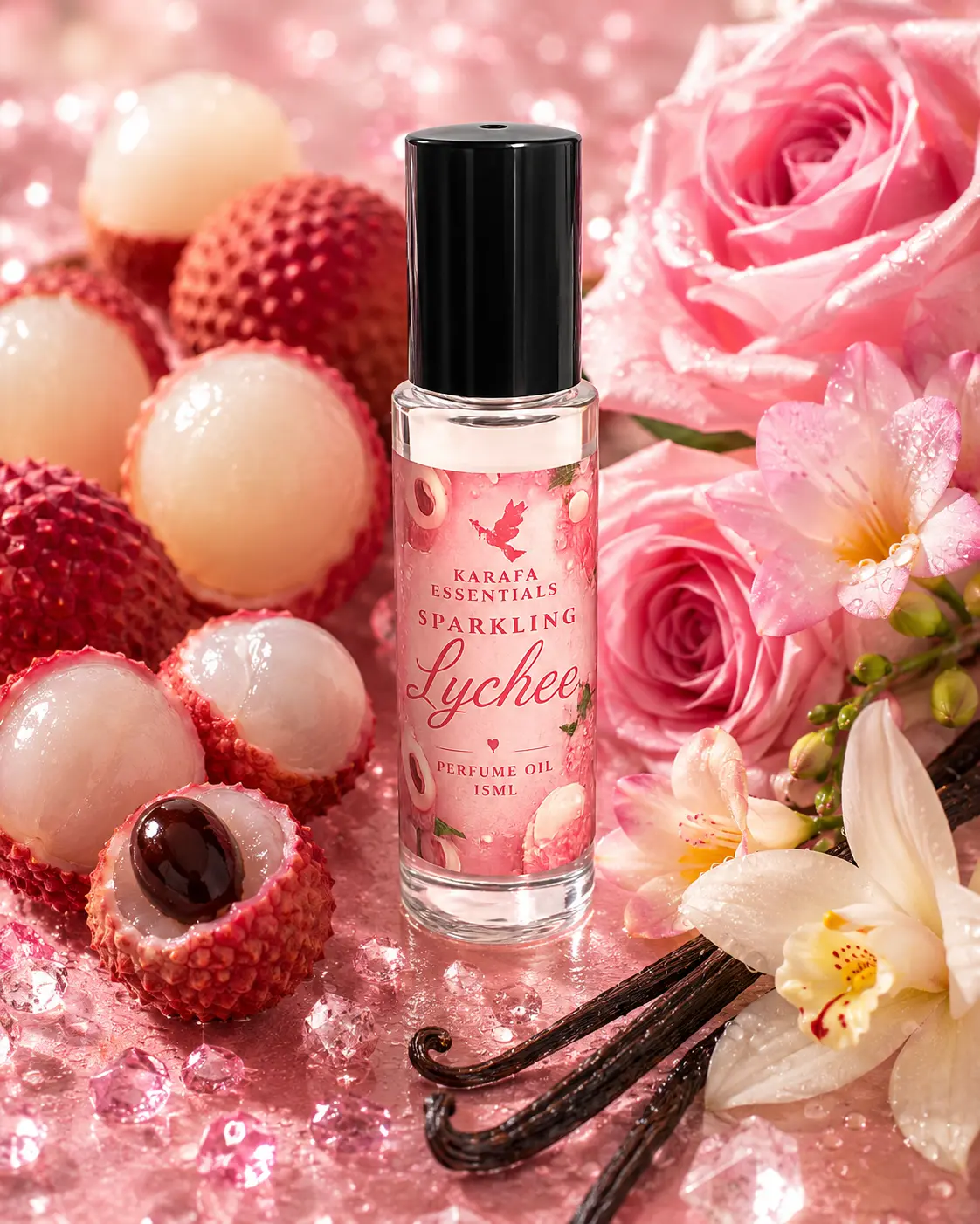Sparkling Lychee Perfume Oil Rollerball with Sparkling Lychee Rose Damascena Vanilla Absolute by Karafa Essentials