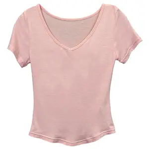 Summer New Solid Color V-Neck Tight Chest Top Simple Temperament Versatile Thin Slightly Transparent Short Sleeves Basic Shirts White Womenswear Slim-Fitting Soft Stretchy Fabric