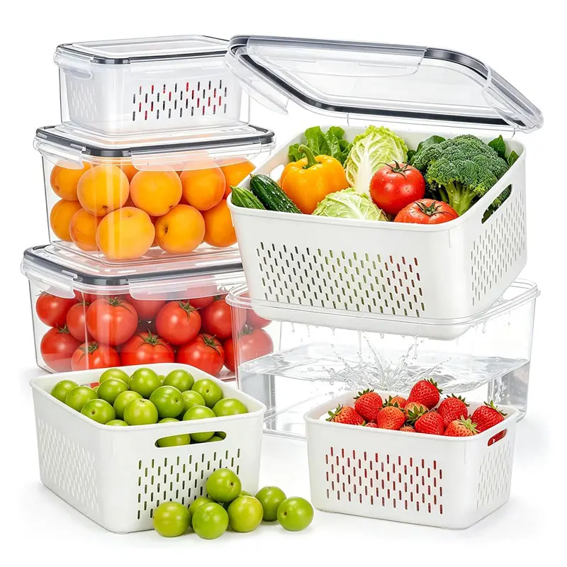 5Pcs Fruit Storage Container Set With Mesh Fridge Fruit And Vegetable Storage Boxes, Reusable Plastic, Easy To Clean, Fridge Organiser Boxes, Suitable For Storing Fruits And Vegetables, Drain And Wash.