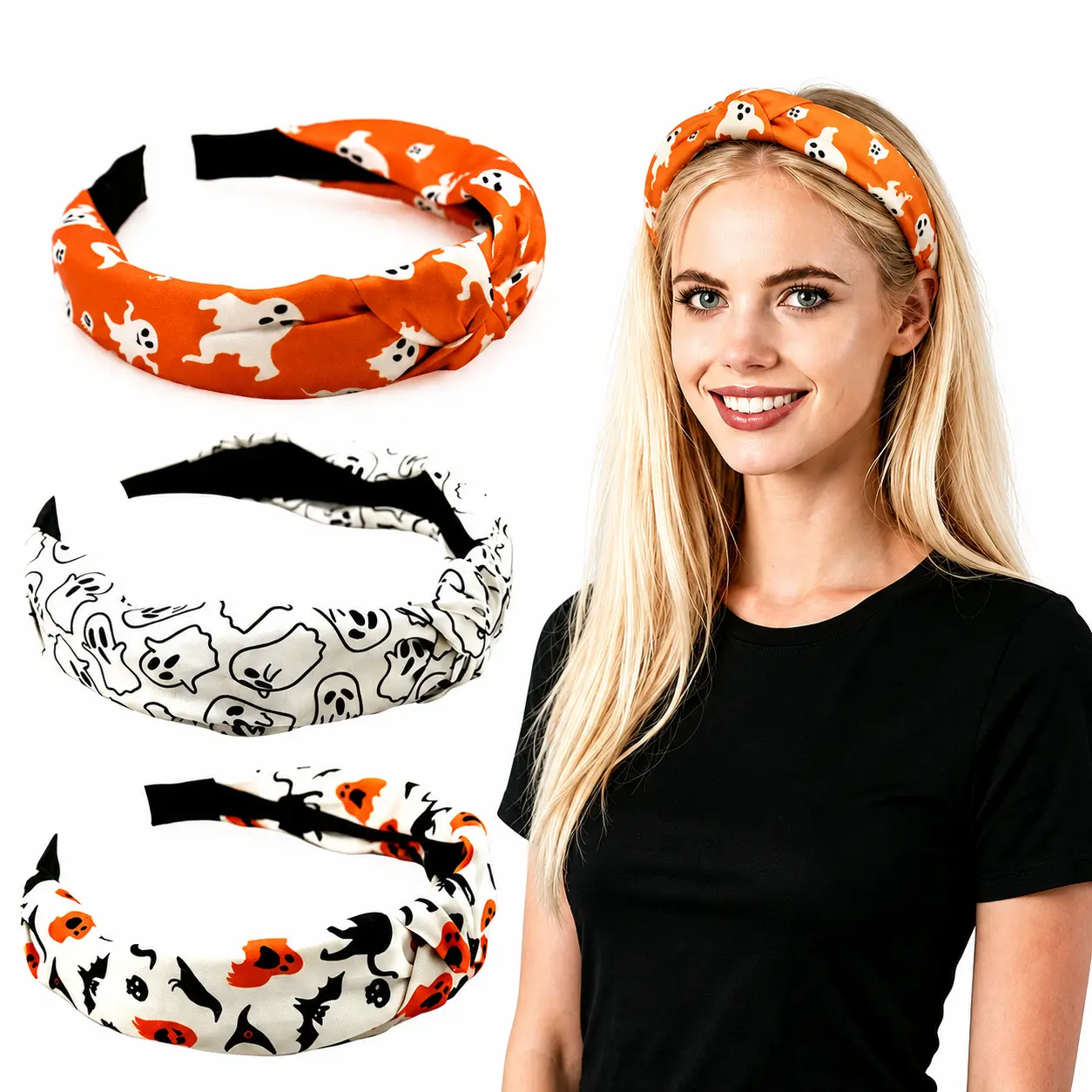 1pcs/3pcs Halloween Pumpkin Knot Headbands, Cute Ribbon Stripe Wide Hair Bands, Spooky Festive Costume Headwear, Non Slip Comfortable Hair Accessories for Women Girls, Halloween Party Decor, Fall Aesthetic Outfit,outdoor