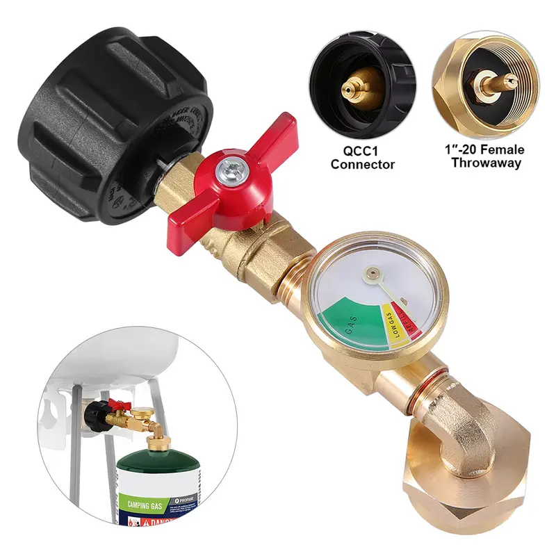 Dazone Propane Refill Adapter With ON-Off Valve & Gauge Solid Brass QCC1 / Type1 Refill Elbow Fill 1Lb Bottle From 5-40Lb Tank