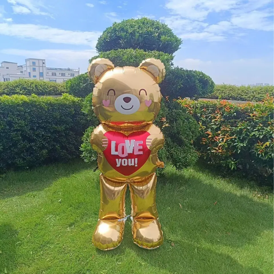 1Pc Giant Golden Bear Balloon with Love You Heart, Large Standing Teddy Bear Aluminum Balloon, Romantic Party Decor for Valentine's Day, Anniversary, Birthday Surprise Gift for Lovers