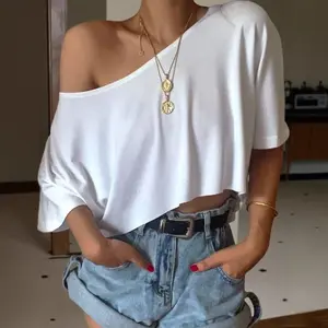 Women's Off-Shoulder Crop Top, Casual Loose Short Sleeve Asymmetrical Neck Cropped T-Shirt, Sexy Y2K Basic Tee